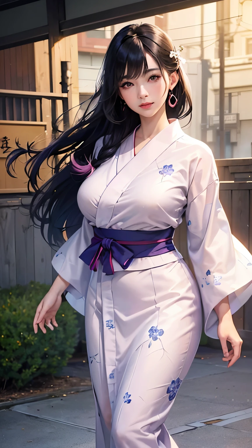 (logo、masterpiece、8K、Tabletop、RAW Photos、wonderful、最high quality、フォトリアリスティックでVery detailedな CG 複合 8K 壁紙、high quality、Very detailed、Narrative poem、Particle Effects、Dynamic Effects、Depth of the Boundary、Cinematic Light、Lens flare、Ray Tracing)、 (One beautiful woman wearing a yukata、White yukata、Light purple pattern)、Black-haired、High definition skin、Very fine、Fine skin texture、Beautiful Face、True Face、Beautiful details in the eyes、Realistic eyes、Beautifully detailed eyes、Realistic Skin、Beautiful Skin、Surreal、Smiling Eyes、Hair and light eyes、vivid、Colorful lights and bokeh、plump lower lip、Pink Lips、Hair flutters in Wind、Hair bounces、wonderful景色、night、evening、Wind、moonlight、moonlight、light