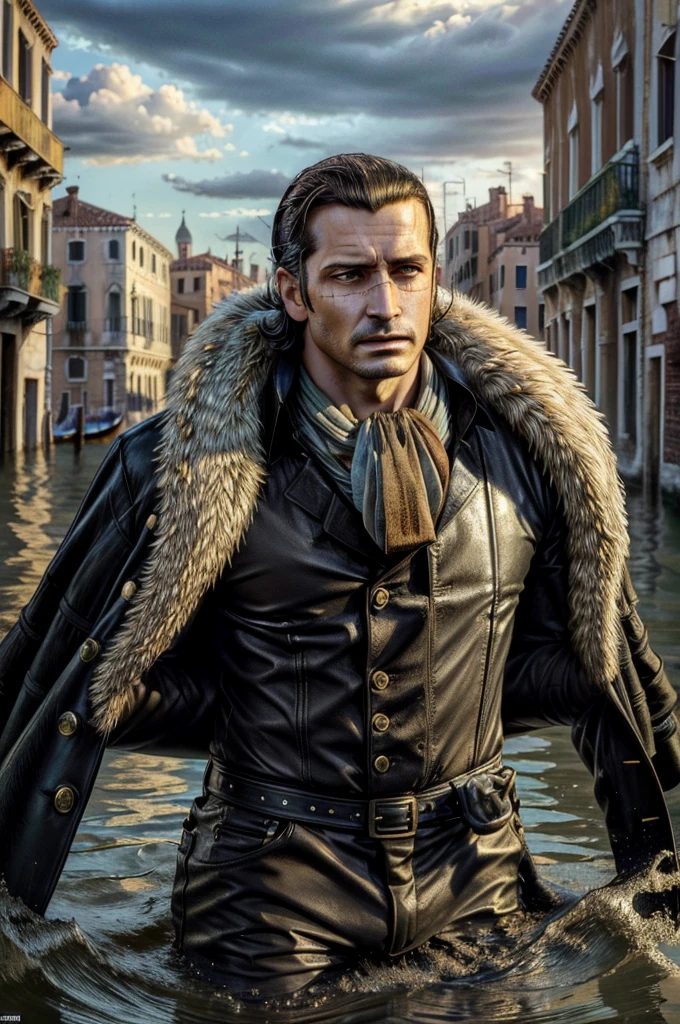 masterpiece, best quality, extremely detailed, hyperrealistic, photorealistic, a cool 40s man, ultra detailed face:1.2, fur-trimmed coat, scarf around the neck, his left hand is a golden pirate hook:1.1, venice, flood, the street is underwater, building destroyed, cloudy sky, dynamic angle