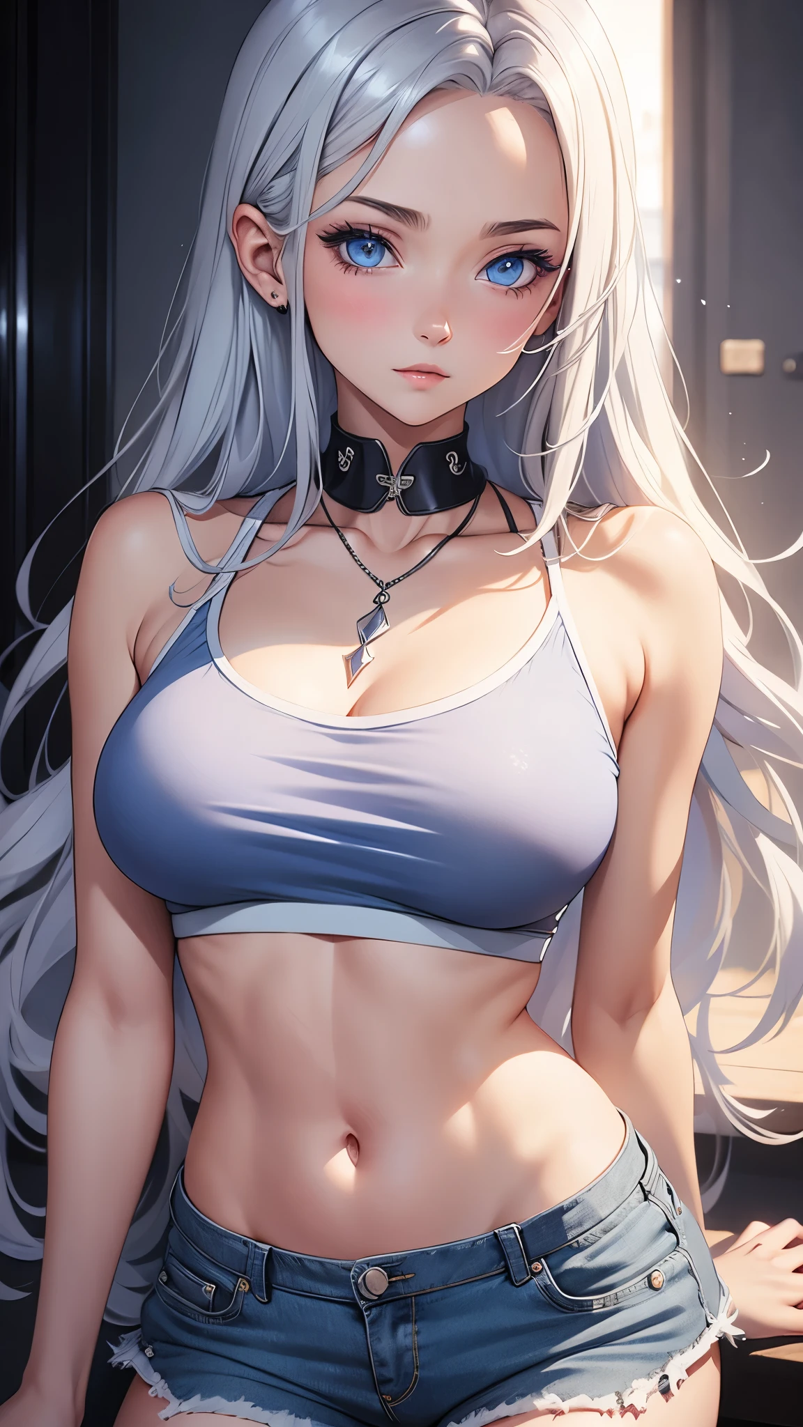 female,silver hair,blue eyes,short camisole,crop shirt,long hair,breast,white,Art, anime,illustration