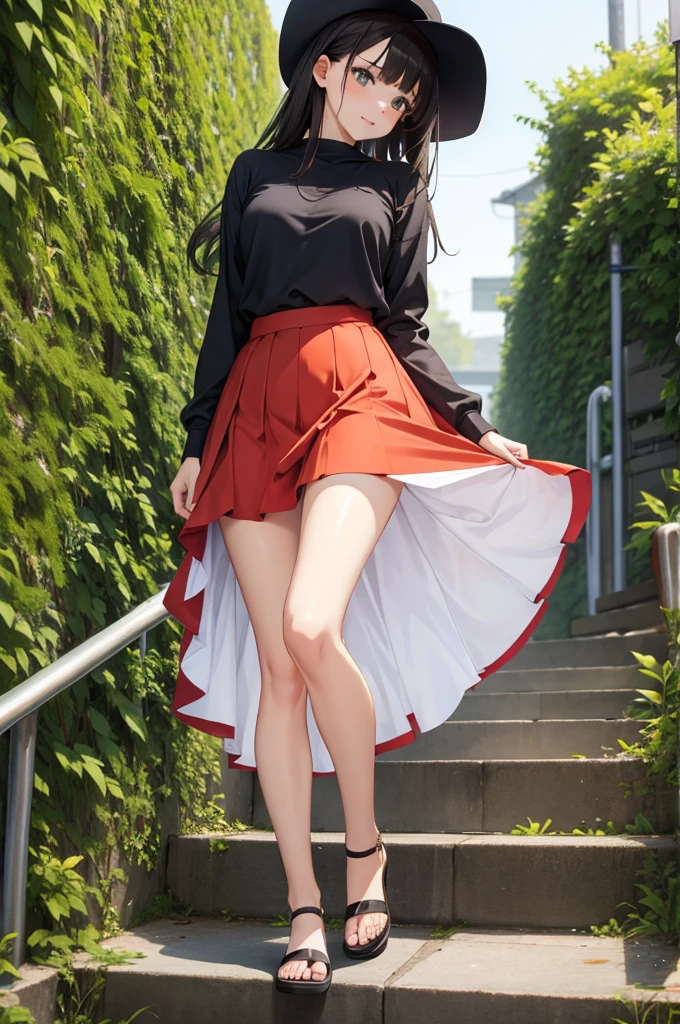 NSFW,(Natural finger shape:1.5),((Full Body Shot,Including face)),Standing position,4K,masterpiece,((Focus on the face)),((Symmetrical facial features)),Eye for detailed depiction,Beautiful woman,Excellent style,Beautiful feet,(Small Ass,Thin thighs),(stockings,High heels),Facial detailing,Small earrings,Low angle photo,((Sleeveless,Red skirt)),A park with lush greenery in the early morning,blue blonde,(Panty shot:1.5)