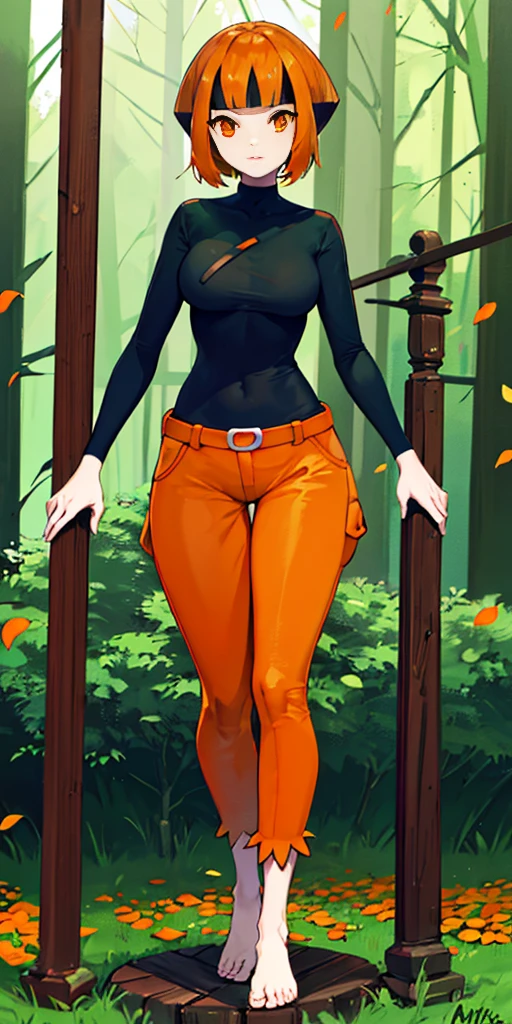 pokemongardenia, pokemongardenia, black hair, bob cut, multicolored hair, (orange eyes:1.5), orange hair, petals, short hair, (standing full body toe to head by wooden pole:1.2)