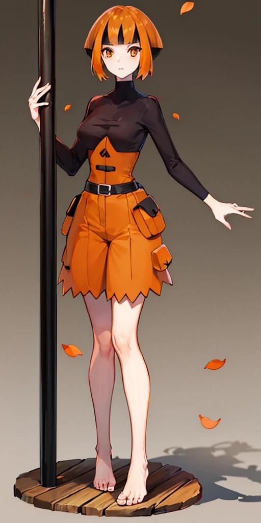 pokemongardenia, pokemongardenia, black hair, bob cut, multicolored hair, (orange eyes:1.5), orange hair, petals, short hair, (standing full body toe to head by wooden pole:1.2)