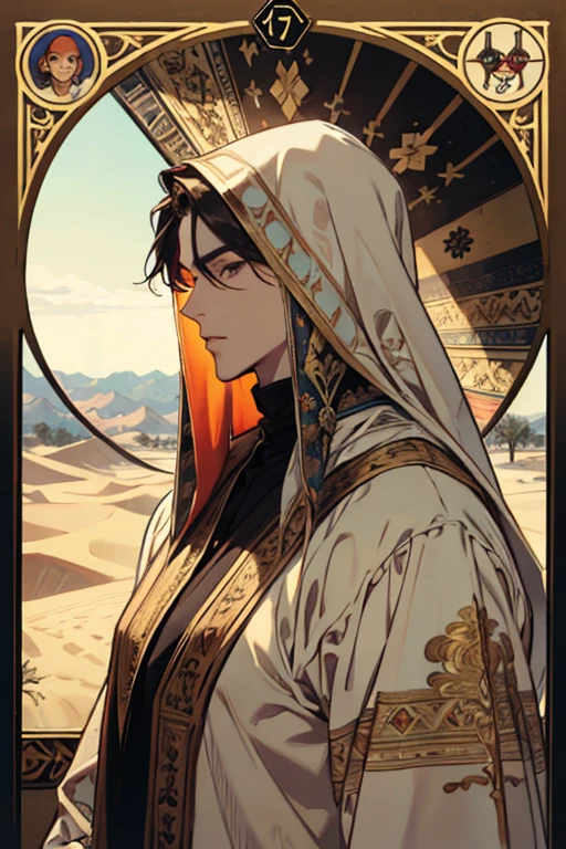 (absurdres, highres, ultra detailed), 1 male, adult, handsome, tall muscular guy, broad shoulders, finely detailed eyes and detailed face, the fool \tarot\, desert, camel, middle eastern clothes, Symbolism, Visual art, Occult, Universal, Vision casting, Philosophical, Iconography, Numerology, Popularity, Artistic, Alfons Mucha