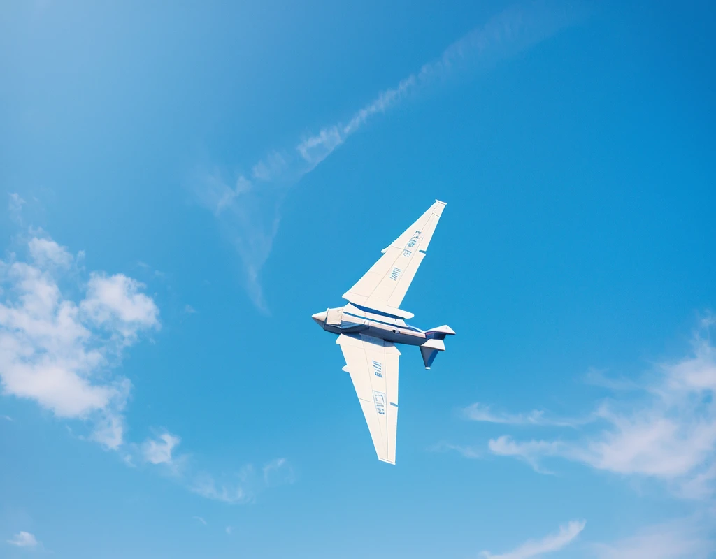 A paper airplane, in the blue sky, com nuvens, standing alone