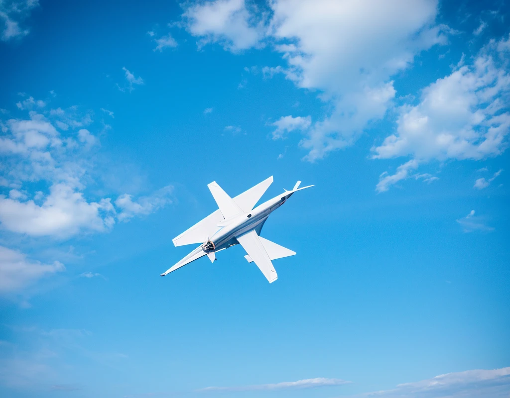 A paper airplane, in the blue sky, com nuvens, standing alone