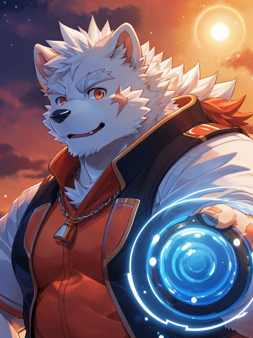 human nature, Wildlife, male,18 years old， solitary, ((Round Face, The face is plump,Orange eyes,Thick white hair，With wounds)), ((Endomorph, Handsome，enthusiasm)), (Sportswear，Light blue and white coat，Wearing a mask), ((domestic 犬, Dog Orc，) Fluffy fur, Fluffy), Bokeh, (high quality, high resolution, masterpiece), (Dynamic Lighting, Vibrant colors，Natural fill light), (Revitalize，Disdain，aggressive), Full body picture (close up), cartoon, author：Takemoto Arashi, From zixiong, By Chunni, author：Empty Ghost，（background：Sunset Jungle）