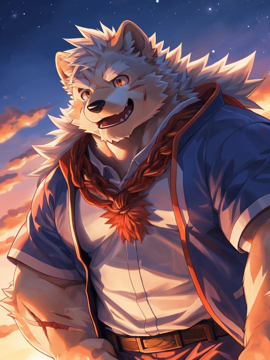 human nature, Wildlife, male,18 years old， solitary, ((Round Face, The face is plump,Orange eyes,Thick white hair，With wounds)), ((Endomorph, Handsome，enthusiasm)), (Sportswear，Light blue and white coat，Wearing a mask), ((domestic 犬, Dog Orc，) Fluffy fur, Fluffy), Bokeh, (high quality, high resolution, masterpiece), (Dynamic Lighting, Vibrant colors，Natural fill light), (Revitalize，Disdain，aggressive), Full body picture (close up), cartoon, author：Takemoto Arashi, From zixiong, By Chunni, author：Empty Ghost，（background：Sunset Jungle）