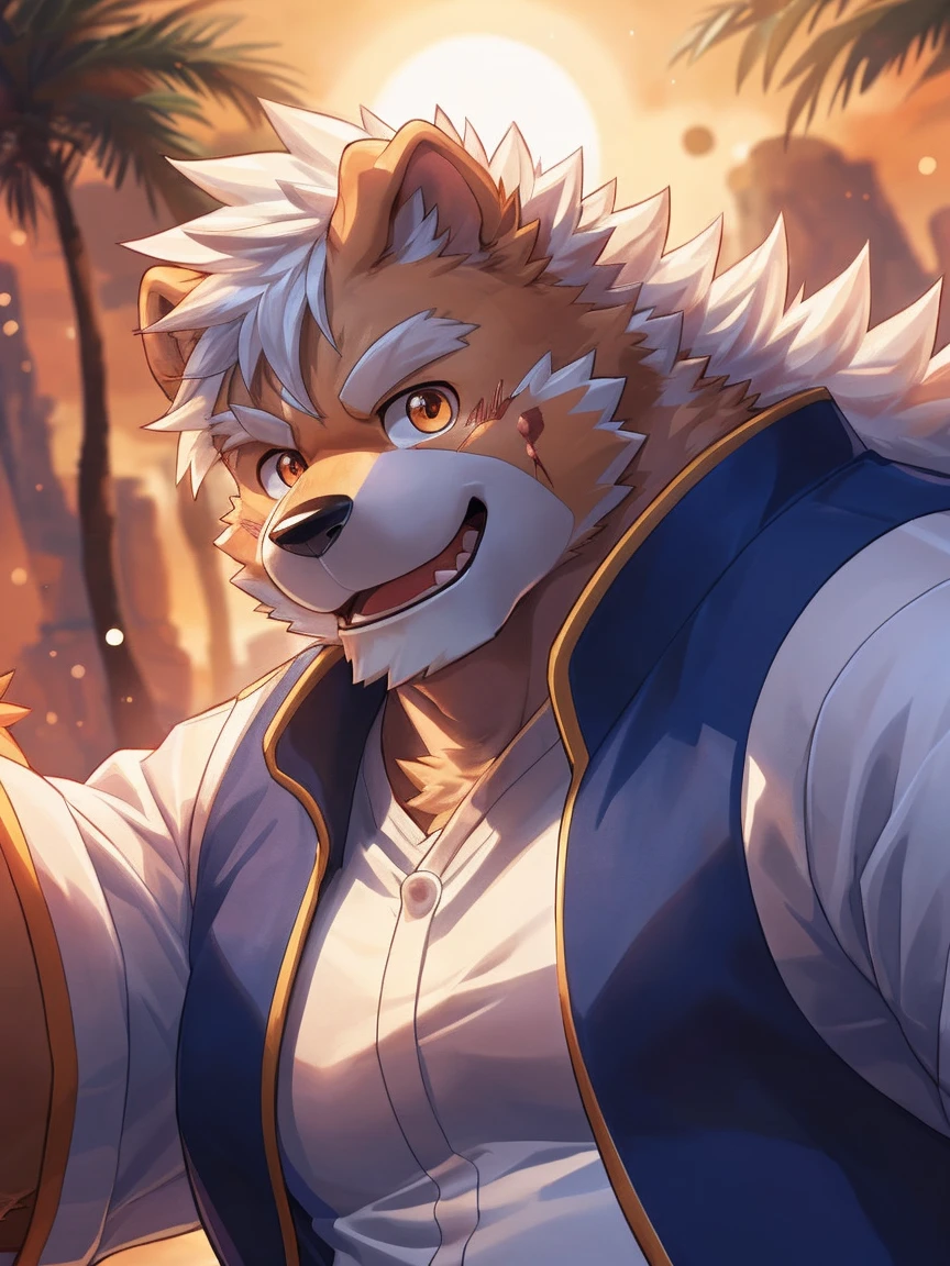 human nature, Wildlife, male,18 years old， solitary, ((Round Face, The face is plump,Orange eyes,Thick white hair，With wounds)), ((Endomorph, Handsome，enthusiasm)), (Sportswear，Light blue and white coat，Wearing a mask), ((domestic 犬, Dog Orc，) Fluffy fur, Fluffy), Bokeh, (high quality, high resolution, masterpiece), (Dynamic Lighting, Vibrant colors，Natural fill light), (Revitalize，Disdain，aggressive), Full body picture (close up), cartoon, author：Takemoto Arashi, From zixiong, By Chunni, author：Empty Ghost，（background：Sunset Jungle）