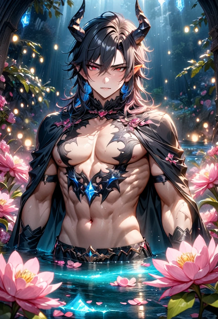 Ultra detailed, highres, absurdres, HDR, master piece, Krozseria, messy black hair, expressive red eyes, Demon Fantasy, pink petals, pink flowers, water, black cape, sexy man, solo, best quality, blossoms, blue shining fireflies, toned chest, black horns, the word "Krozseria" is written on his shirt, fantasy, black horns, black gloves