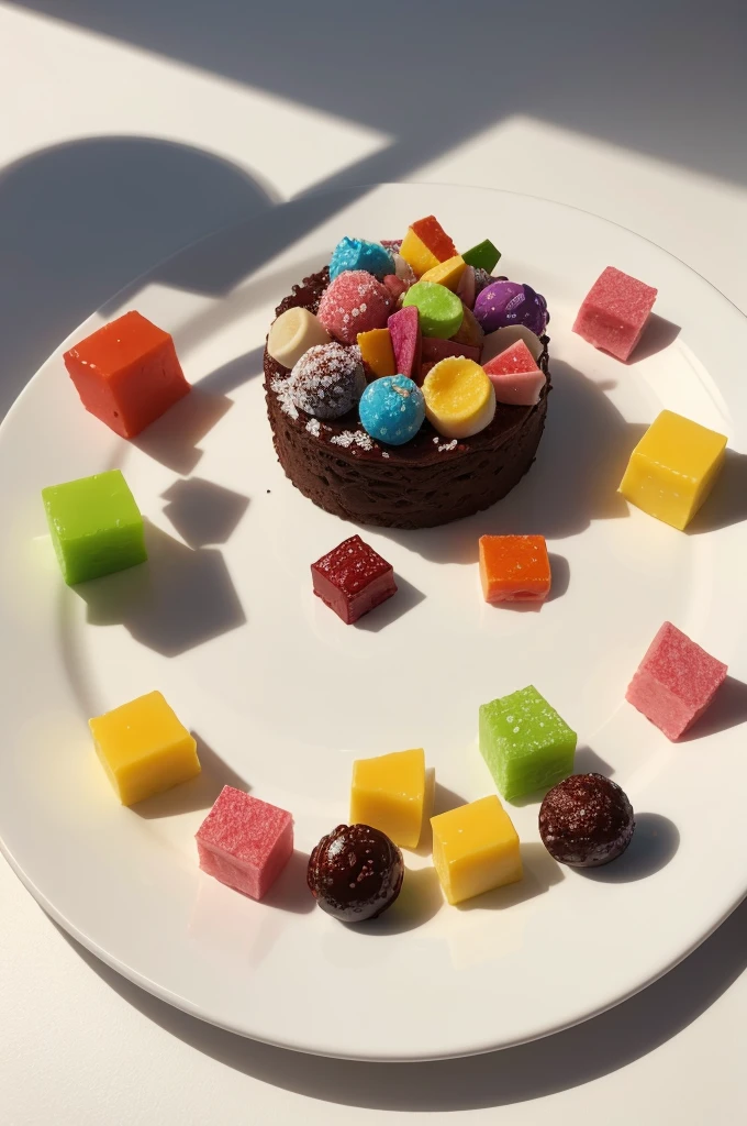 Assorted sweets on a white plate, with a shadow below, 2d art
