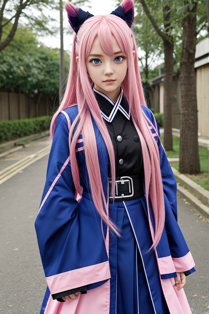 Kimetsu no yaiba style long pink hair dull blue eyes and wearing the mitsuri uniform