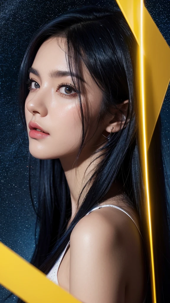 Hyperrealistic photo,girl dark blue hair, with stars background, espejo amarillo , reflejando las estrellas