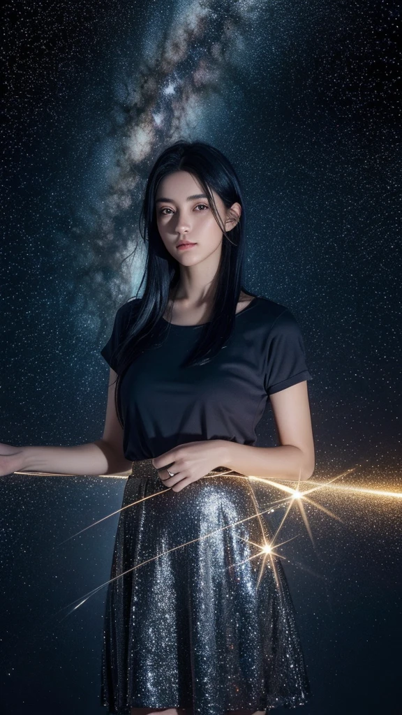 Hyperrealistic photo,girl dark blue hair, with stars background, espejo amarillo , reflejando las estrellas