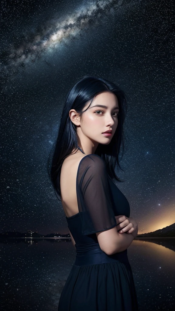 Hyperrealistic photo,girl dark blue hair, with stars background, espejo amarillo , reflejando las estrellas