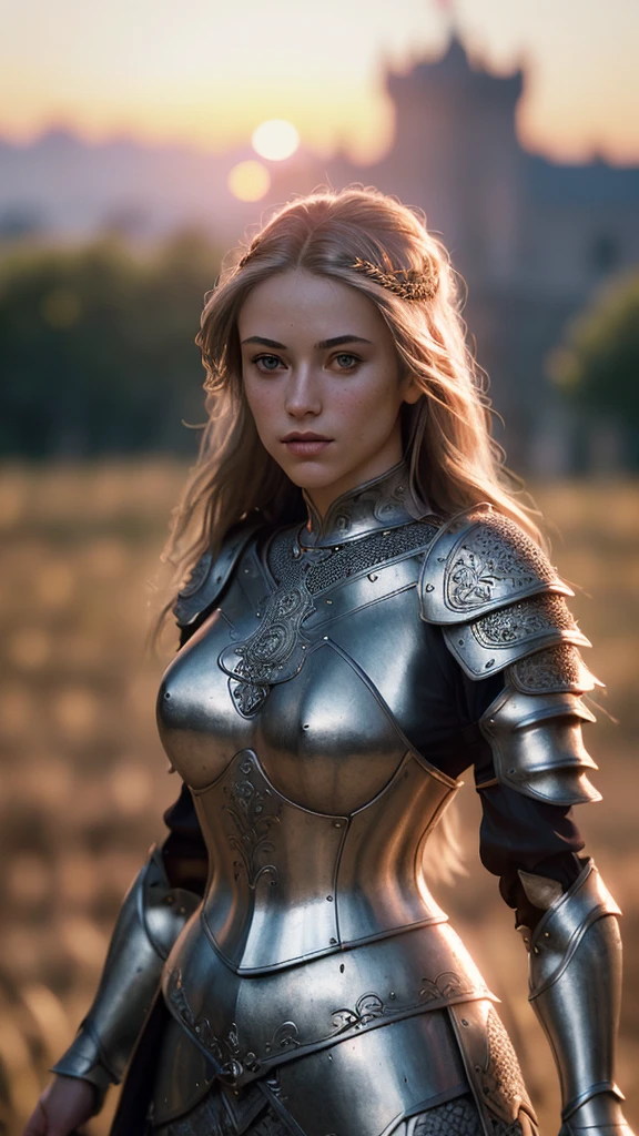 (masterpiece), (extremely intricate:1.3), (realistic), portrait of a girl, the most beautiful in the world, (medieval armor), metal reflections, upper body, outdoors, intense sunlight, far away castle, professional photograph of a stunning woman detailed, sharp focus, dramatic, award winning, cinematic lighting, octane render, unreal engine, volumetrics dtx, (film grain, blurry background, blurry foreground, bokeh, depth of field, sunset, motion blur:1.3), chainmail