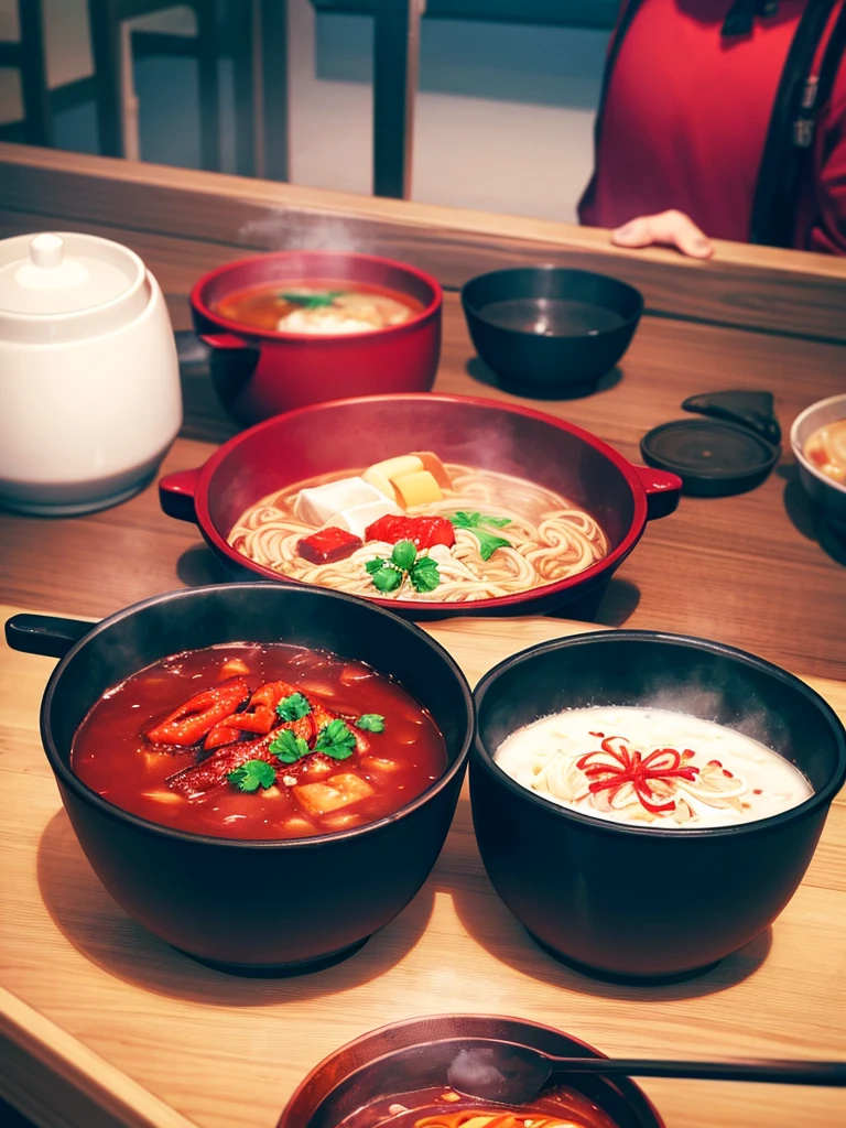 Red soup、ramen、Chili pepper、Boil in a pot、Noodles only、Person's hand、kitchen