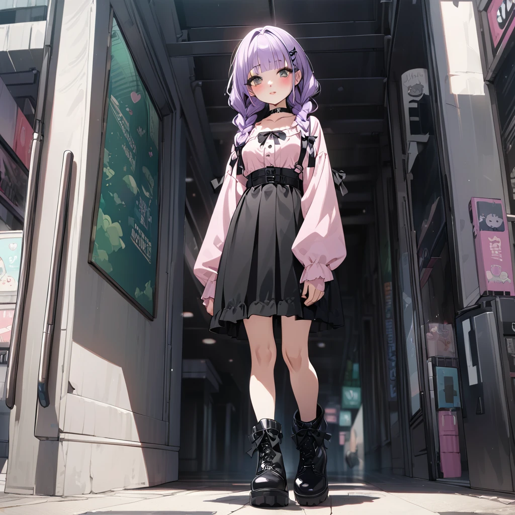 masterpiece, ultra detailed, 8K, solid blue Skyscrapers background, full body shot, Angle looking up from below.happy, a girl, kawaii, light atmosphere, mysterious atmosphere, (Cute a girl:1.5), (a girl with closs hair pin,pale purple hair,wavy two braids,bluntbangs hair,green and black eyes,
pink shirt,cosplay, jirai kei, bangs, black skirt, black bow, looking at viewer, bow, long sleeves, choker, ribbon,pink lips,Thick-soled boots,fullbody shot :1.4),pussy focus,Masturbation Female with her finger,
(masterpiece:1.3), anime visual, (Lovey-dovey:1.5), (tilt head:1.3), extremely delicate face, soft clean focus, realistic lighting and shading, (an extremely delicate and beautiful art:1.3), elegant, (muted colors:1.1), small breast,slim,Sitting on a carry-on bag in Shinjuku Tower Kids,n mall,night lit,