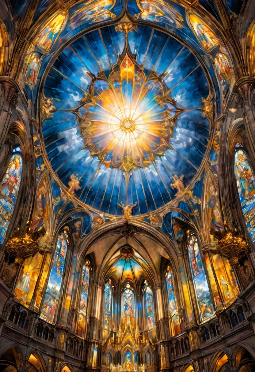 Angels praying in the cathedral of heaven, view from above, the ceiling painting is an angel, Gothic architecture, beautiful stained glass, the earth floating in the middle, a sacred space filled with light