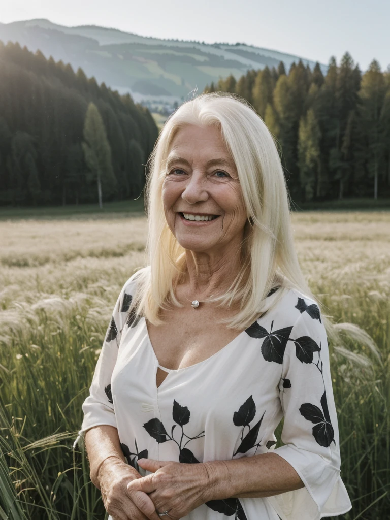 A realistic, photorealistic image of Felicidad, (an 80-year-old Finnish woman), (((white blonde and medium length hair))), smiling, ((taking a portrait outside a grass field in Switzerland)), (((round face))), ((wearing printed black dress)), (((slim))), ((thin hairline)), (((deep chest bones)))
