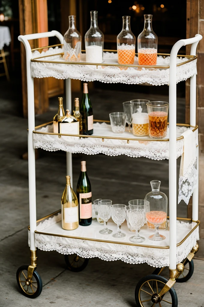 ((best quality)), ((masterpiece)), (detailed),A vintage-inspired wedding bar cart adorned with lace and crystal decanters.