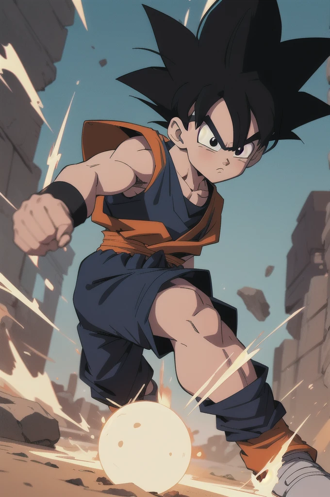 Manga style, illustration, line art style, high quality, manga masterpiece, highres, very detailed, digital illustration, small Kid Goku, Dragonball, black hair, spiked hair, real goku clothes colors , dougi, solo male , outdoors,fighting,