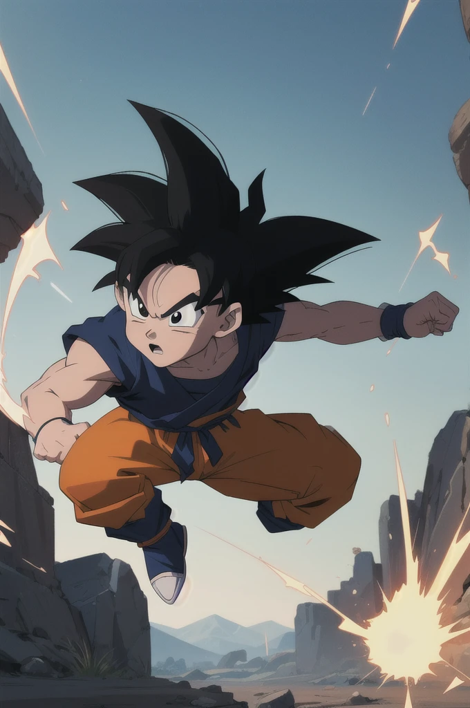 Manga style, illustration, line art style, high quality, manga masterpiece, highres, very detailed, digital illustration, small Kid Goku, Dragonball, black hair, spiked hair, real goku clothes colors , dougi, solo male , outdoors,fighting,