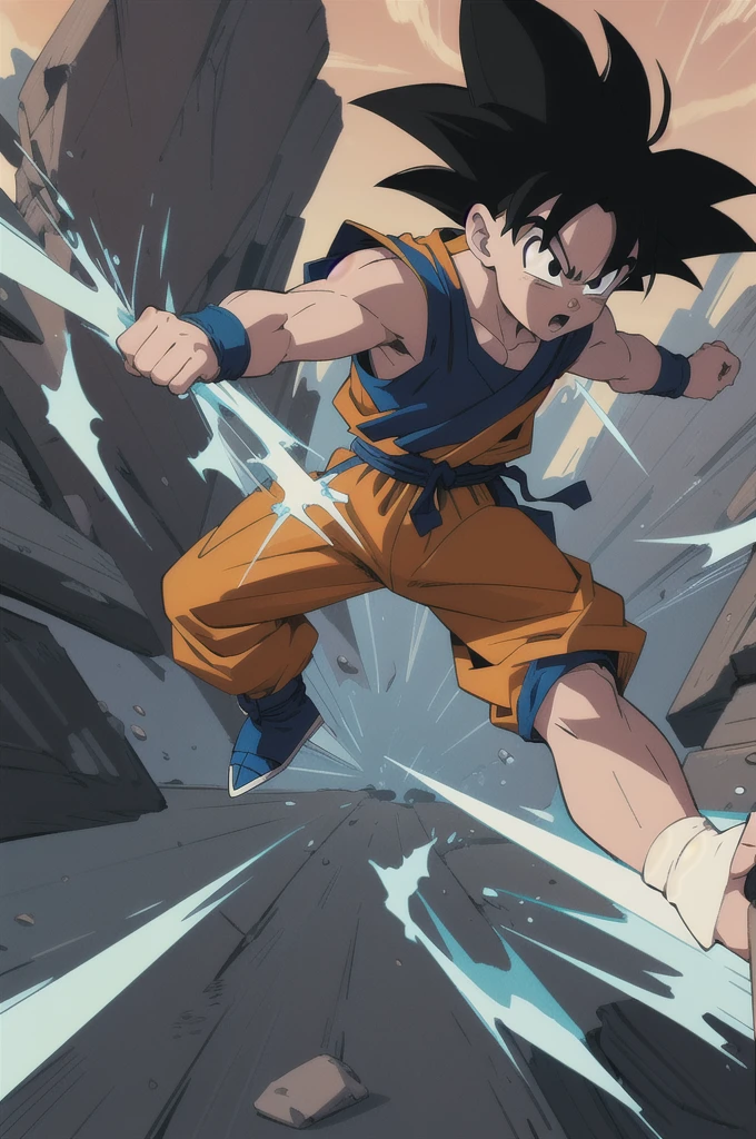 Manga style, illustration, line art style, high quality, manga masterpiece, highres, very detailed, digital illustration, small Kid Goku, Dragonball, black hair, spiked hair, real goku clothes colors , dougi, solo male , outdoors,fighting,