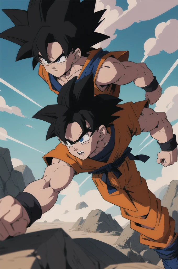 Manga style, illustration, line art style, high quality, manga masterpiece, highres, very detailed, digital illustration, small ??? Goku, Dragonball, black hair, spiked hair, real goku clothes colors , dougi, solo male , outdoors,fighting,