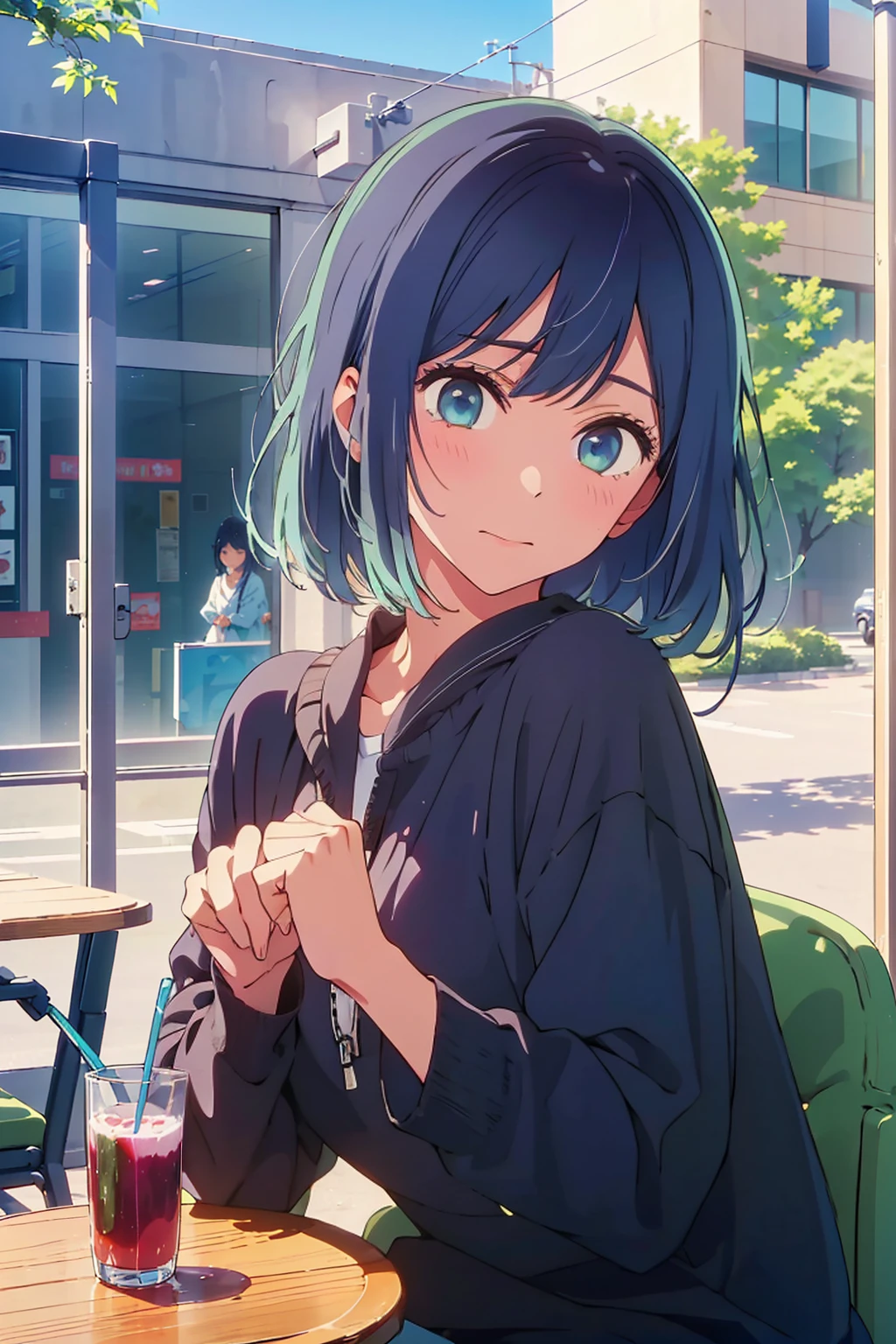 (Highest quality、masterpiece、超detailed、Ultra-high resolution、Realistic、Raw photo、Absurd、Absolute Resolution、8K、detailed:1.4)、F cup bust、Big Breasts、Slim body、Very white beautiful skin、((((1 person、Surprised expression、sit、Chair、In the background are the urban buildings of Tokyo、looking at the camera、Outdoor café terrace、Navy hair color、juice、Shooting up close、Shooting from the side、table、Very cute face))))、((((nude、Areola))))、(Pose with hands tucked behind ears:1.4、Cheek resting on hand:1.4)、Off-the-shoulder blouson、Black blouson with zipper、Very blue sky、A completely cloudless sky