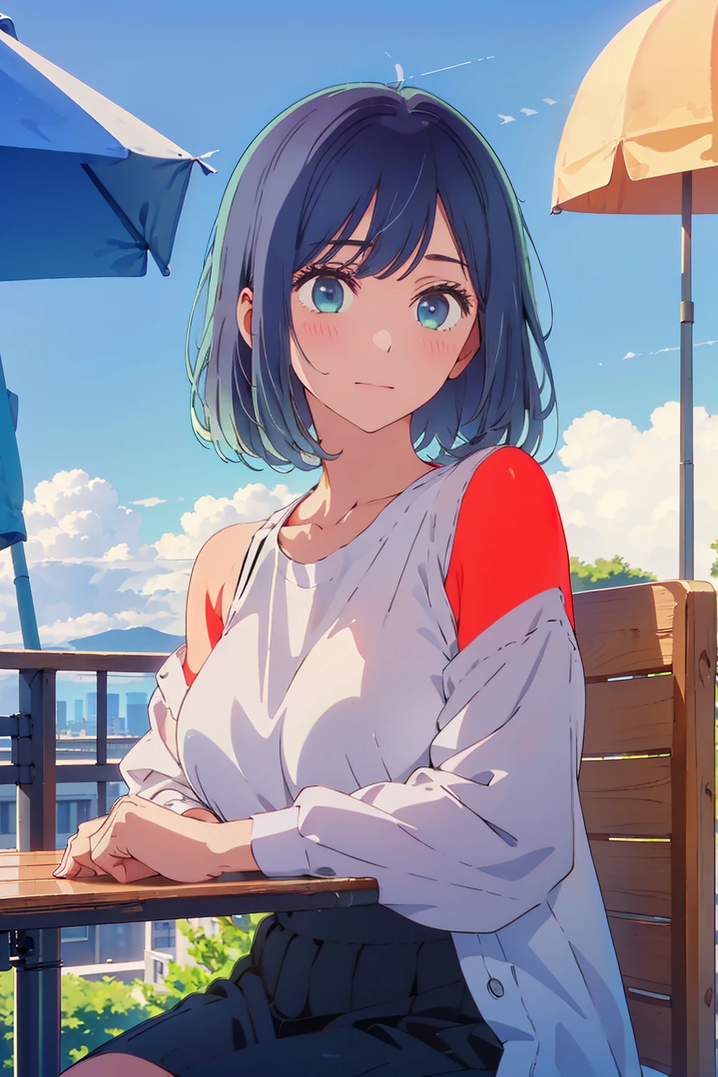 (Highest quality:1.4、masterpiece:1.4、超detailed:1.4、Ultra-high resolution:1.4、Absurd:1.4、Absolute Resolution:1.4、8K:1.4、detailed:1.4)、Slim body、Very white beautiful skin、((((1 person、Surprised expression、sit、Chair、In the background are the urban buildings of Tokyo、looking at the camera、Outdoor café terrace、Navy hair color、juice、table、Get up close and take a photo、Shooting from an angle、Very cute face))))、((((nude、very beautiful areola))))、(Pose with hands tucked behind ears:1.4、Cheek resting on hand:1.4)、(Black off-the-shoulder blouson with zipper)、Very blue sky、A completely cloudless sky、valley