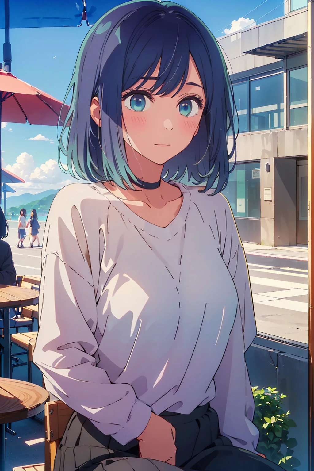 (Highest quality:1.4、masterpiece:1.4、超detailed:1.4、Ultra-high resolution:1.4、Absurd:1.4、Absolute Resolution:1.4、8K:1.4、detailed:1.4)、Slim body、Very white beautiful skin、((((1 person、Surprised expression、sit、Chair、In the background are the urban buildings of Tokyo、looking at the camera、Outdoor café terrace、Navy hair color、juice、table、Get up close and take a photo、Shooting from an angle、Very cute face))))、((((nude、very beautiful areola))))、(Pose with hands tucked behind ears:1.4、Cheek resting on hand:1.4)、(Black off-the-shoulder blouson with zipper)、Very blue sky、A completely cloudless sky、valley