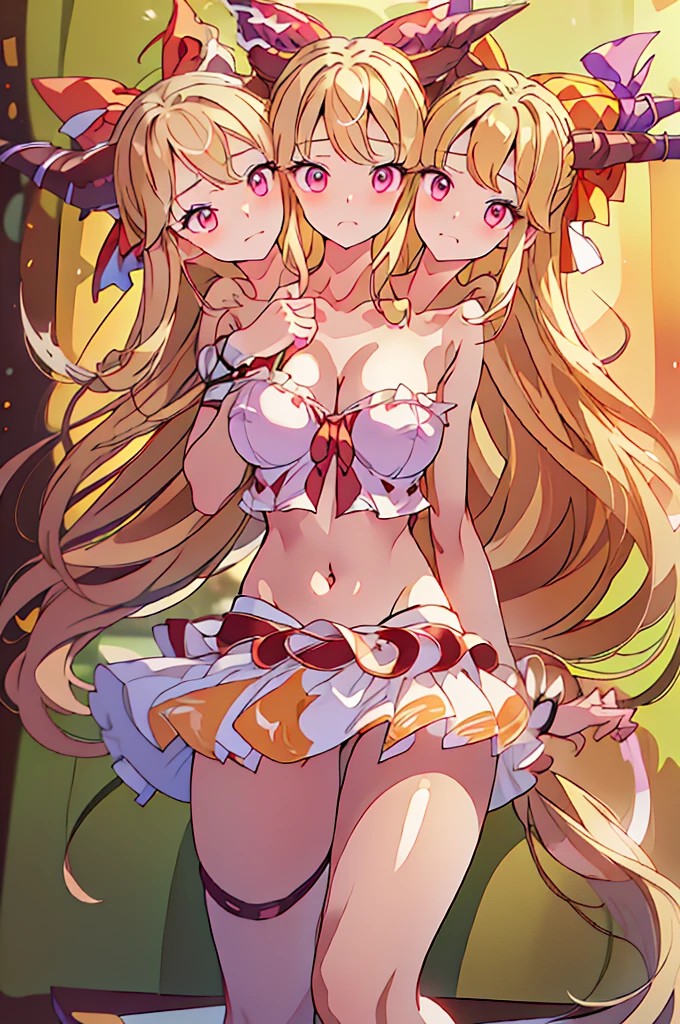 (masterpiece, best quality), best quality, (ultra-detailed), (3heads:1.5), 1girl, (suika ibuki:1.3), masterpiece, (best quality:1.5, highres, UHD), highres, absurdo, ultra detail, ultra quality, Ultra resolution, tattered pale pink top, crop top, ((stomach)), midriff, ((groin)), purple and pink skirt, normal ears, shackles, blonde hair, very long hair, wavy hair, sidelocks, red eyes, detailed eyes, parted lips, sweat, cute, toned belly, hand on own chest, eyelashes, (25 year old woman:1.3), (masterpiece:1.5), (best quality:1.5), (beautiful detailed), extremely detailed CG, extremely delicate and beautiful, depth of field, (finely detailed face), (perfect details:1.2), (mature female:1.3), wide pelvis, slender, large veiny breast, 16k resolution, very high quality, very high definition, extremely detailed, masterpiece, blonde hair, long hair, alluring presence, braid, short skirt, close up, very big tits, huge tits, young, two long straight oni horns on her head, decorated with ribbons, open belly, nsfw, midriff, girl with three heads, three headed girl,