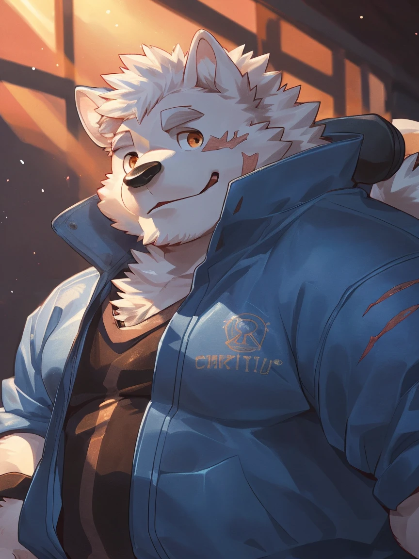 human nature, Wildlife, male,18 years old， solitary, ((Round Face, The face is plump,Orange eyes,Thick white hair，With scars)), ((Endomorph, Handsome，Hot Blood)), (Sportswear，Light blue and white coat，Wear a sports cap), ((domestic 犬, Dog Orc，) Fluffy fur, Fluffy), Bokeh, (high quality, high resolution, masterpiece), (Dynamic Lighting, Vibrant colors，Natural fill light), (Revitalize，harm，Disdain，aggressive), Full body picture (close up), cartoon, author：Takemoto Arashi, From zixiong, By Chunni, author：Empty Ghost，（background：Night cottage door）