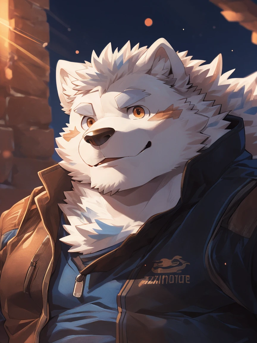 human nature, Wildlife, male,18 years old, solitary, ((Round Face, The face is plump,Orange eyes,Thick white hair,With scars)), ((Endomorph, Handsome,Hot Blood)), (Sportswear,Light blue and white coat,Wear a sports cap), ((domestic 犬, Dog Orc,) Fluffy fur, Fluffy), Bokeh, (high quality, high resolution, masterpiece), (Dynamic Lighting, Vibrant colors,Natural fill light), (Revitalize,harm,Disdain,aggressive), Full body picture (close up), cartoon, author:Takemoto Arashi, From zixiong, By Chunni, author:Empty Ghost,(background:Night cottage door)