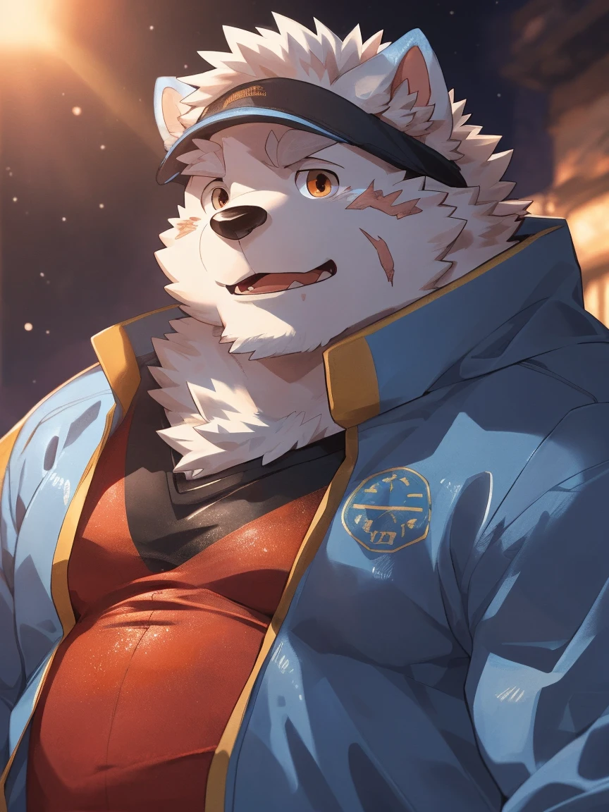 human nature, Wildlife, male,18 years old, solitary, ((Round Face, The face is plump,Orange eyes,Thick white hair,With scars)), ((Endomorph, Handsome,Hot Blood)), (Sportswear,Light blue and white coat,Wear a sports cap), ((domestic 犬, Dog Orc,) Fluffy fur, Fluffy), Bokeh, (high quality, high resolution, masterpiece), (Dynamic Lighting, Vibrant colors,Natural fill light), (Revitalize,harm,Disdain,aggressive), Full body picture (close up), cartoon, author:Takemoto Arashi, From zixiong, By Chunni, author:Empty Ghost,(background:Night cottage door)