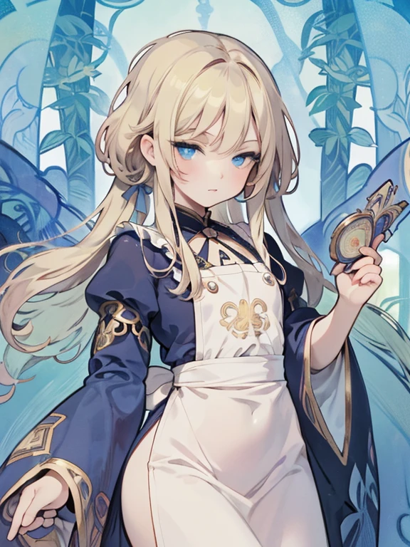 masterpiece, Highest quality, Very detailed, 16K, Ultra-high resolution, Cowboy Shot, Alice in Wonderland, (by Alfons Mucha:1.5), 10-year-old girl, Detailed face, blue eyes, blonde, Braiding, Long Hair, Ribbon on head, Blue clothes, White apron, 大きなclockのある部屋で, clock, 壁clock, Music Box