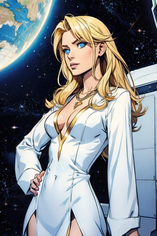 Young blonde anime, aesthetic body, dark blue eyes, wearing white clothes with blue details, in a spaceship, with gold necklace