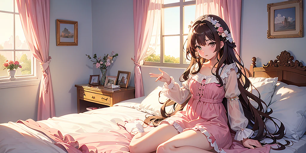 (top quality, best quality, beautiful and aesthetic:1.2), (1girl:1.3), wavy long hair, light brown hair, honey eyes, portrait, looking at viewer, solo, (full body:0.6), detailed background, close up (girly room theme:1.1), shy, sweet, sitting at bed, pink and white nightgown, bunny plushie, messy sheets, soft (room interior:1.1) background, window lacy curtains in background, morning soft lighting, wind from window