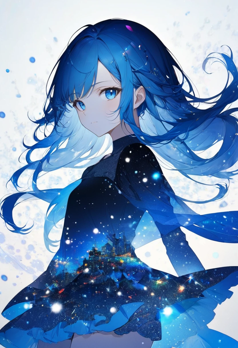 16k, (double exposure:1.05 silhouette: 1.1) (many detailed particles light) (background is exposure:1.1 ParticlesColorfulLight), wearing layered one piece dress, frontale forehead blue hair long hair lovely blue eyes girl.