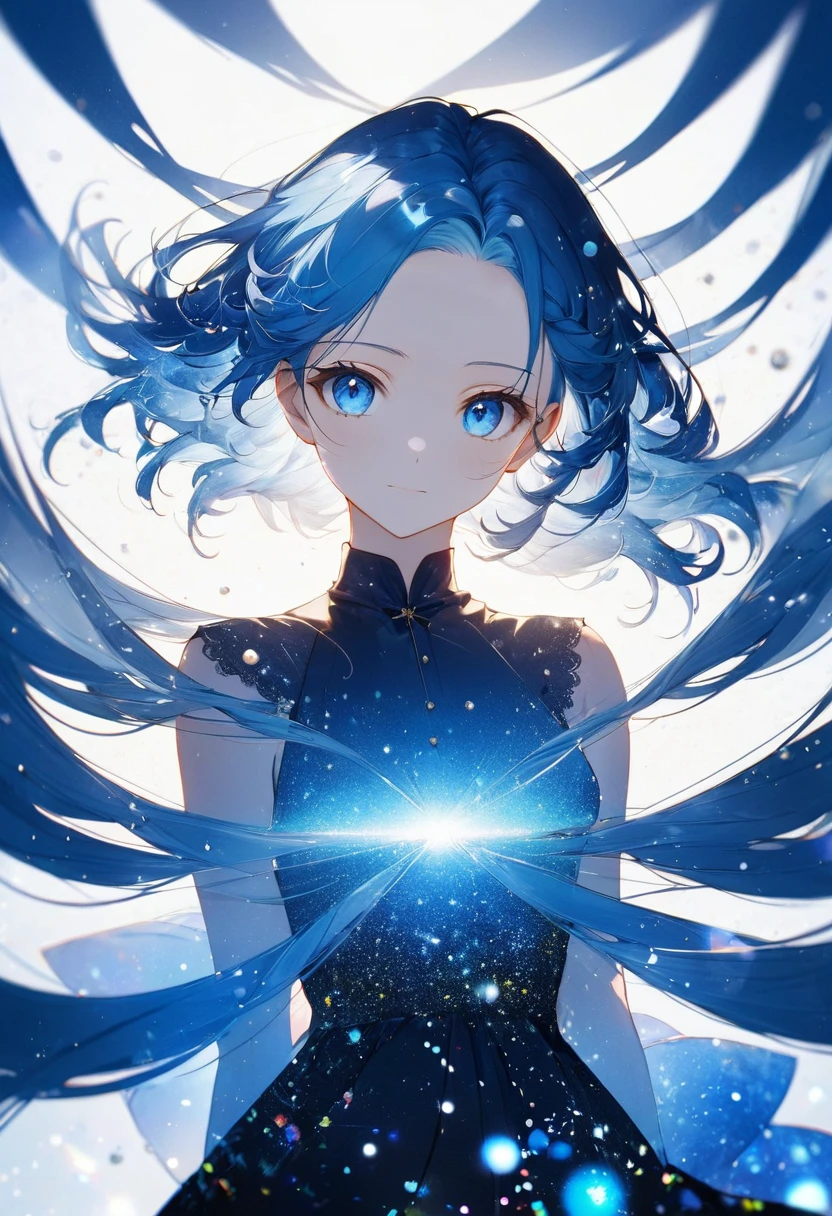 16k, (double exposure:1.05 silhouette: 1.1) (many detailed particles light) (background is exposure:1.1 ParticlesColorfulLight), wearing layered one piece dress, frontale forehead blue hair long hair lovely blue eyes girl.