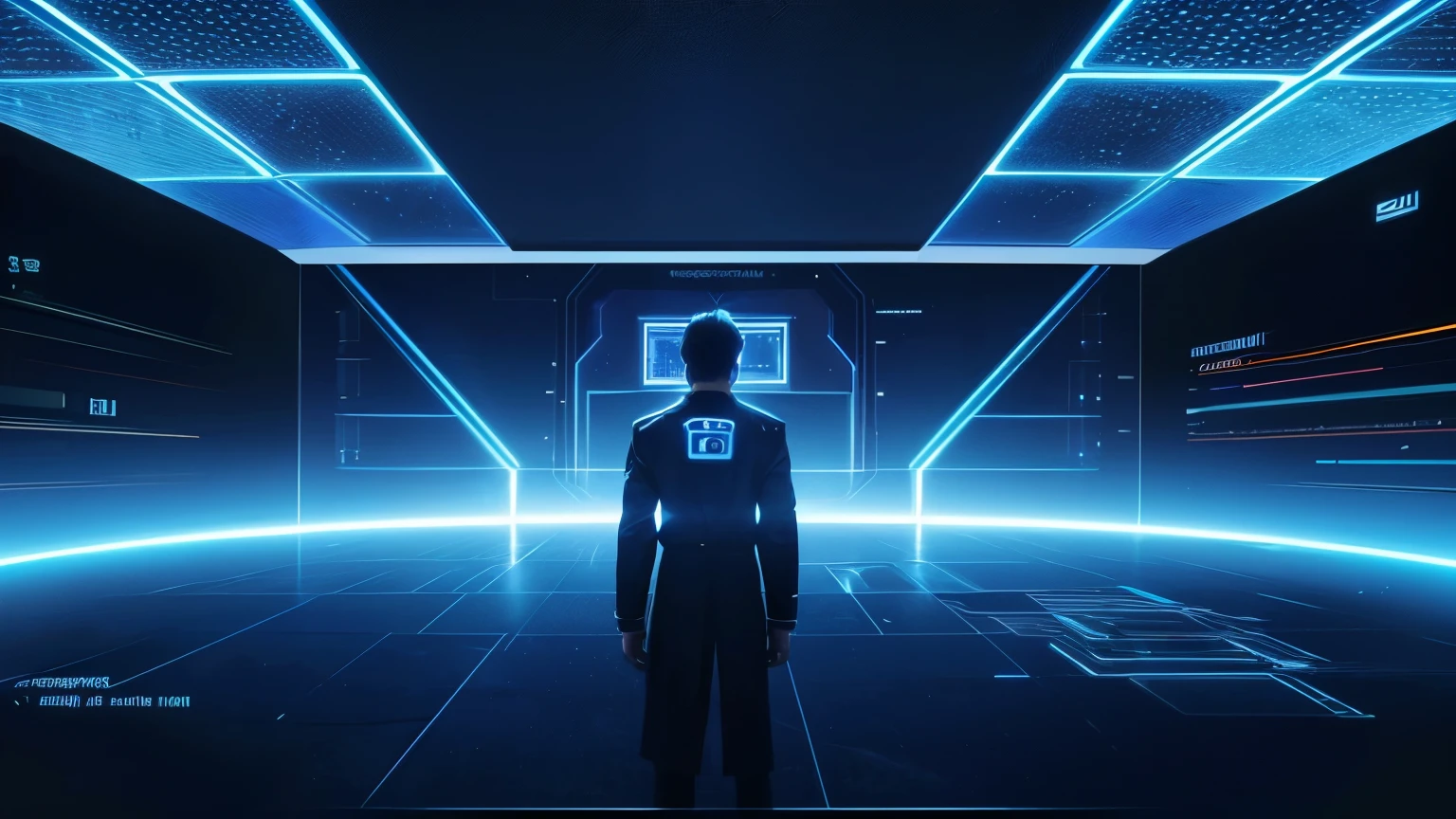technology blue future technology digital future lighting scene business background,There is a virtual interface above, , Holographic interface, large cyberarrays data holograms, data holograms, technology, large arrays data holograms, technology与AI in harmony, Computers and holograms, holographic display lenses,, Holographic projection