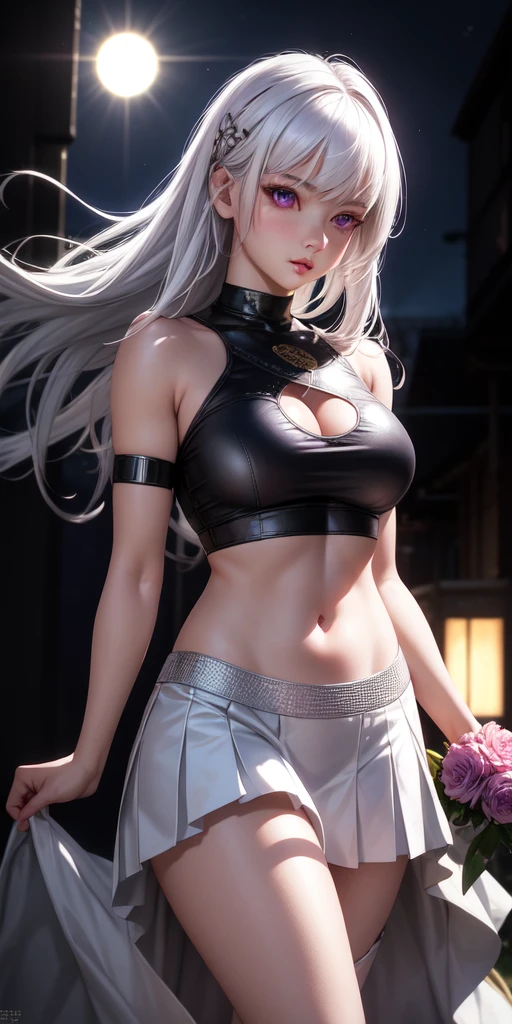realistic, 1girl, white hair, purple eyes, glowing eyes, crop top, skirt, parted lips, blush, night, flowers, sun, sunlight,