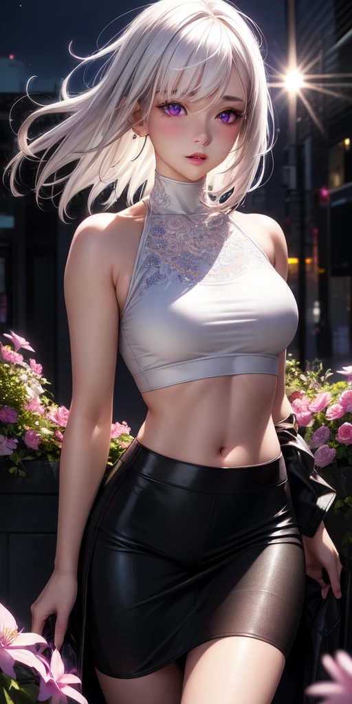 realistic, 1girl, white hair, purple eyes, glowing eyes, crop top, skirt, parted lips, blush, night, flowers, sun, sunlight,