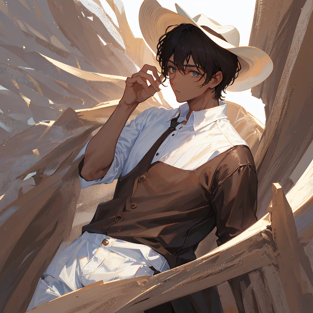 A male,Black short hair,White skin,Handsome,Wearing a white shirt,Wearing a brown cowboy hat,Cold,((Plain brown background))