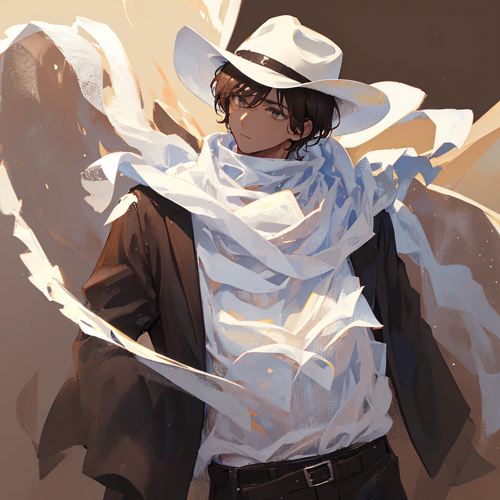 A male,Black short hair,White skin,Handsome,Wearing a white shirt,Wearing a brown cowboy hat,Cold,((Plain brown background))