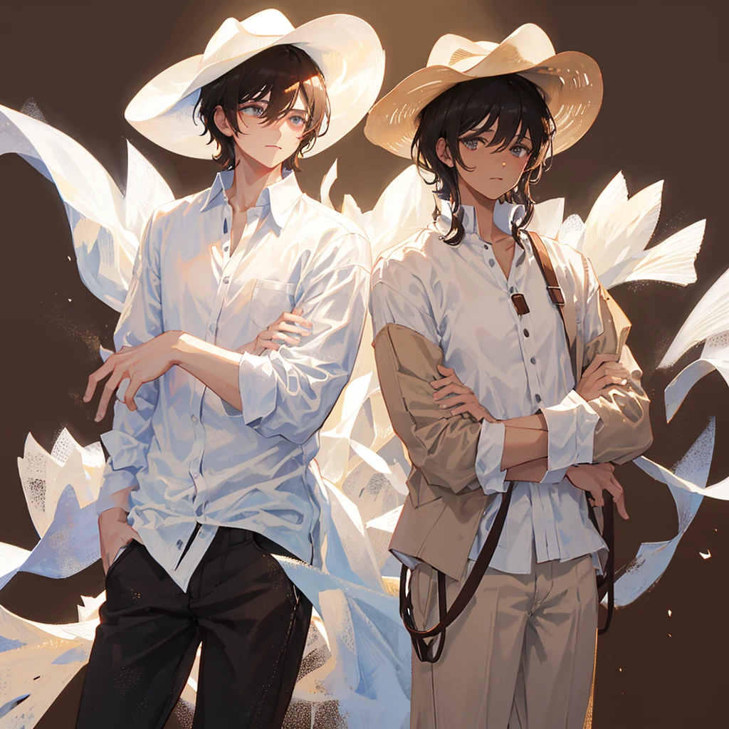 A male,Black short hair,White skin,Handsome,Wearing a white shirt,Wearing a brown cowboy hat,Cold,((Plain brown background))