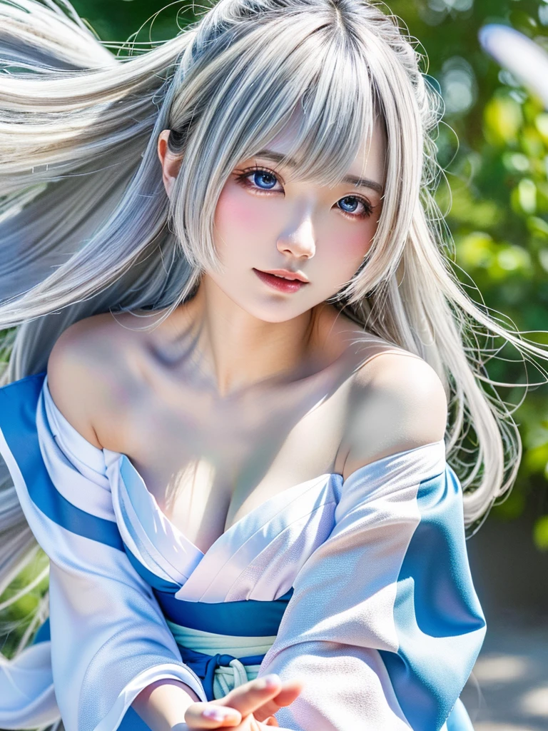 (kimono)、Japanese clothing、(Highest quality,masterpiece:1.3,Ultra-high resolution,),(Very detailedな,Caustics),(Photorealistic:1.4,RAW shooting,)Ultra-Realistic Capture,Very detailed,High resolution 16K suitable for human skin、 Natural skin texture、、Skin tone is even and healthy looking、 Use natural light and color,One Woman,Japanese,,cute,Beautiful silky silver hair,Mid-length hair,(Written boundary depth、chromatic aberration、Wide lighting range、Natural Shading、)、(Hair swaying in the wind:1.3)、(((Whitening 1.5)))、White off-the-shoulder dress、Small breasts、