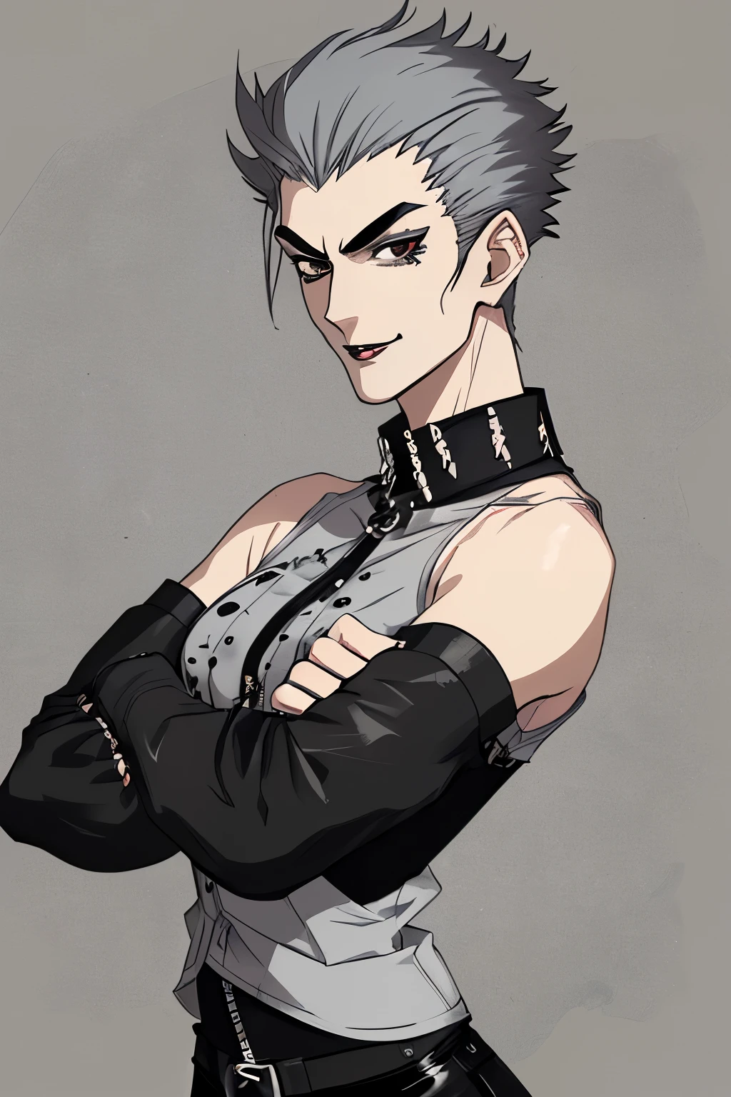 anime styling,Margarette appears as a tall, masculine-looking person,He has short gray hair with shaved designs and dark lips similar to punk rock.,with arms crossed and a smile 