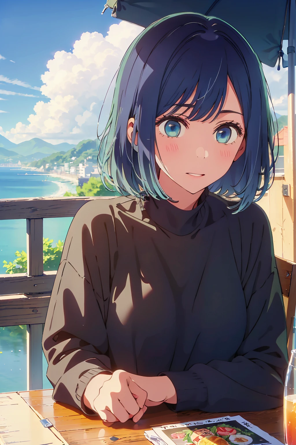 (Highest quality:1.4、masterpiece:1.4、超detailed:1.4、Ultra-high resolution:1.4、Absurd:1.4、Absolute Resolution:1.4、8K:1.4、detailed:1.4)、Slim body、((((1 person、Surprised expression、sit、Chair、In the background are the urban buildings of Tokyo、looking at the camera、Outdoor café terrace、Navy hair color、juice、table、Get up close and take a photo、Shooting from an angle、Very cute face))))、((((nude、very beautiful areola))))、(Pose with hands tucked behind ears:1.4、Cheek resting on hand:1.4)、(Black off-the-shoulder blouson with zipper)、Very blue sky、A completely cloudless sky、valley