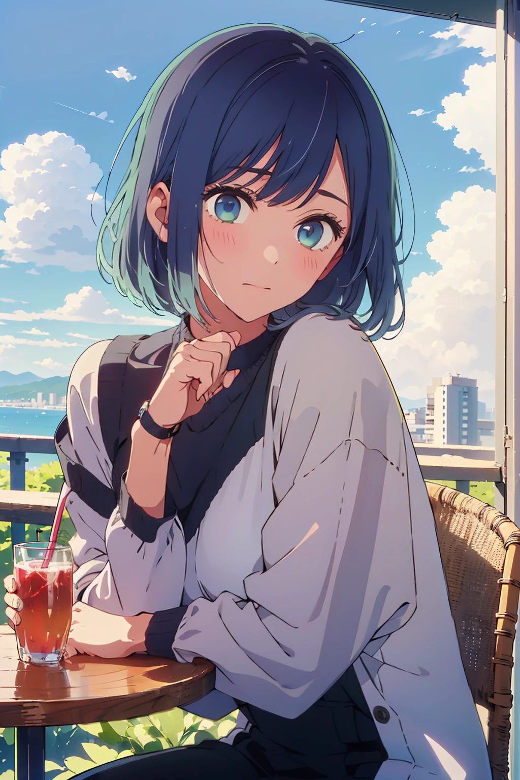 (Highest quality:1.4、masterpiece:1.4、超detailed:1.4、Ultra-high resolution:1.4、Absurd:1.4、Absolute Resolution:1.4、8K:1.4、detailed:1.4)、Slim body、((((1 person、Surprised expression、sit、Chair、In the background are the urban buildings of Tokyo、looking at the camera、Outdoor café terrace、Navy hair color、juice、table、Get up close and take a photo、Shooting from an angle、Very cute face))))、((((nude、very beautiful areola))))、(Pose with hands tucked behind ears:1.4、Cheek resting on hand:1.4)、(Black off-the-shoulder blouson with zipper)、Very blue sky、A completely cloudless sky、valley
